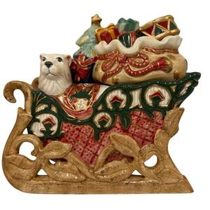 Fitz and Floyd Christmas Tidings Sleigh‎ Candy Dish Polar Bear Presents Tree